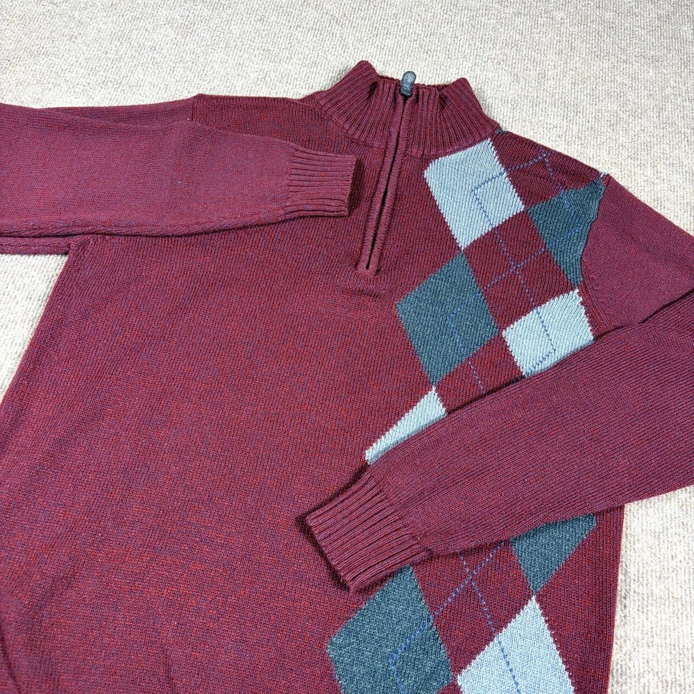 Oscar De La Renta 1/4 Zip Sweater Men's S Red Argyle Print Tight Knit Ribbed Hem